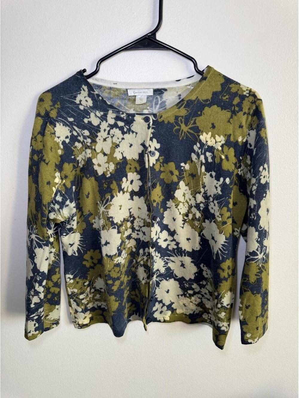 Garnet Hill Floral Blue Merino Wool Cardigan Size XL PTP 20 FC